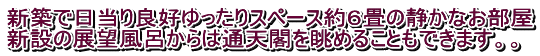 新築で日当り良好ゆったりスペース約６畳の静かなお部屋 新設の展望風呂からは通天閣を眺めることもできます。。